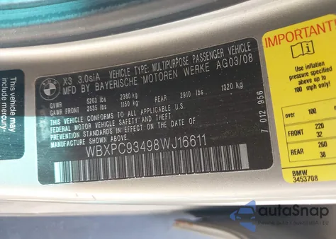 2008 BMW X3 3.0Si из США, поврежденный, VIN WBXPC93498WJ16611